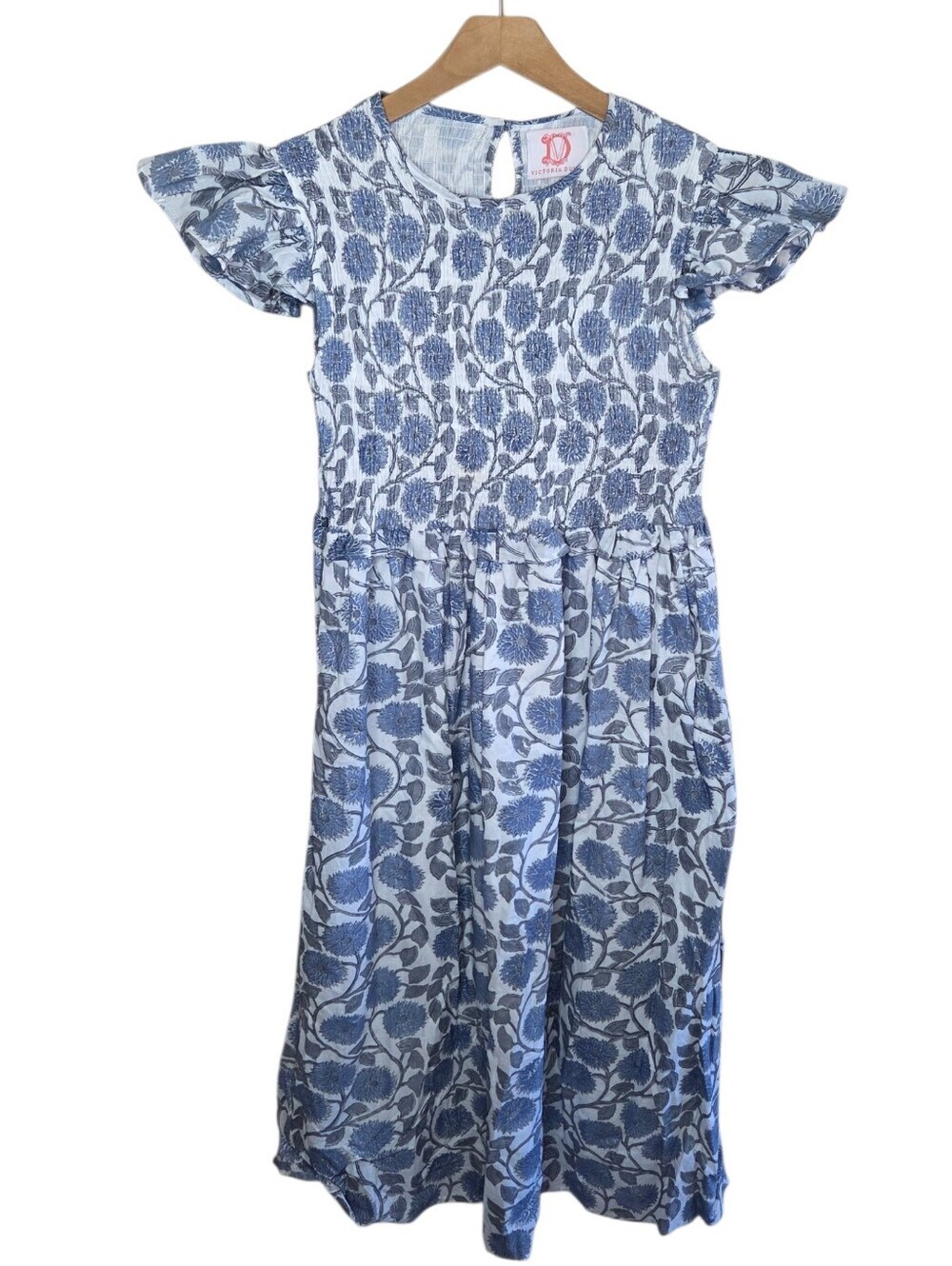 Victoria Dunn Blue White Floral Print Smocked Ruffle Sleeve Midi Dress Boho